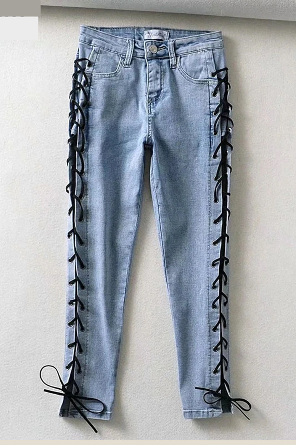 Sexy Skinny-Long-Jeans mit hoher Taille und seitlicher Schnürung