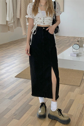 High Waist Vintage A-Line Black Denim Split Skirts