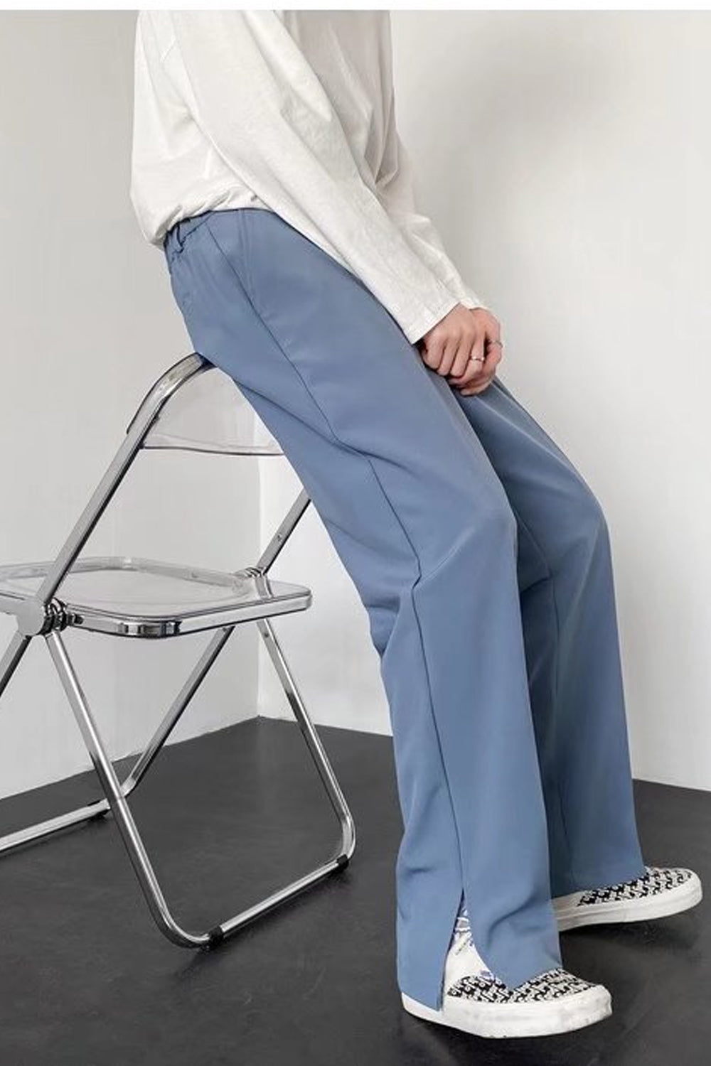 High Waist Loose Slit Leg Straight Long Pants