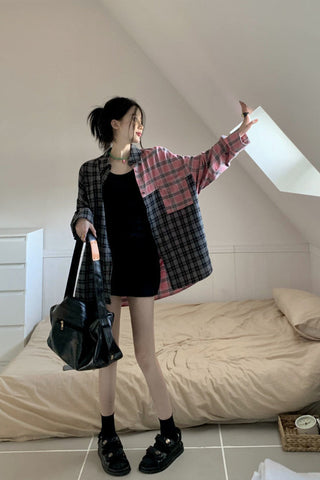 Loose Combine Colors Plaid Blouse Shirt