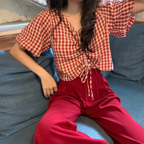 V-Neck Cute Plaid Lace Tie Short Sleeve Shirts