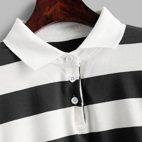 Colors Striped Long Sleeve Collar Cropped Shirt