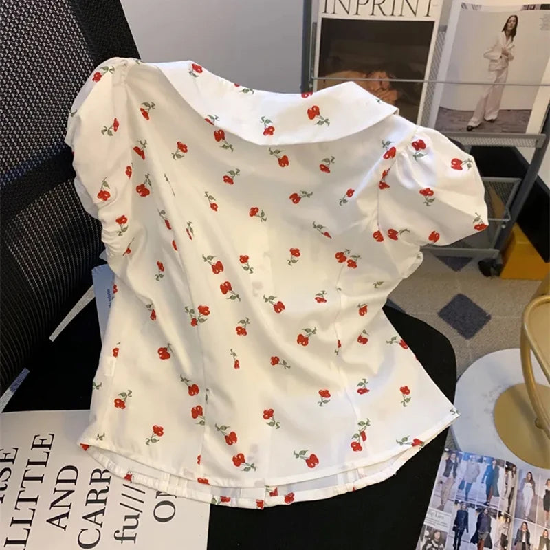 Puff Sleeve Cute Cherry Printed Blouse Shirts