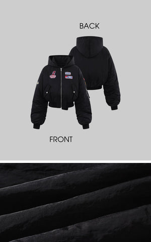 Moto Patch Hooded Cropped Bomber Jacket