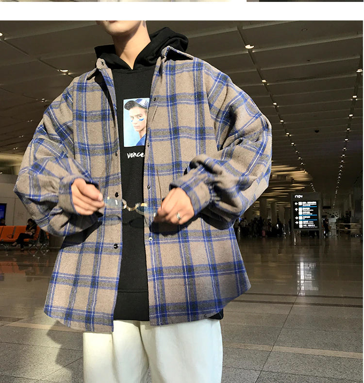 Blue Color Block Plaid Loose Men Fleece Shirt