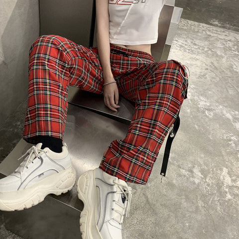High Waist Red Plaid Hip Hop Loose Pants