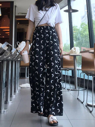 High Waist Moon Printed Casual Wide Leg Pants