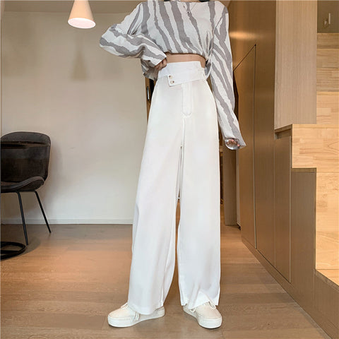 High Waist Irregular Button Wide Leg Office Pants