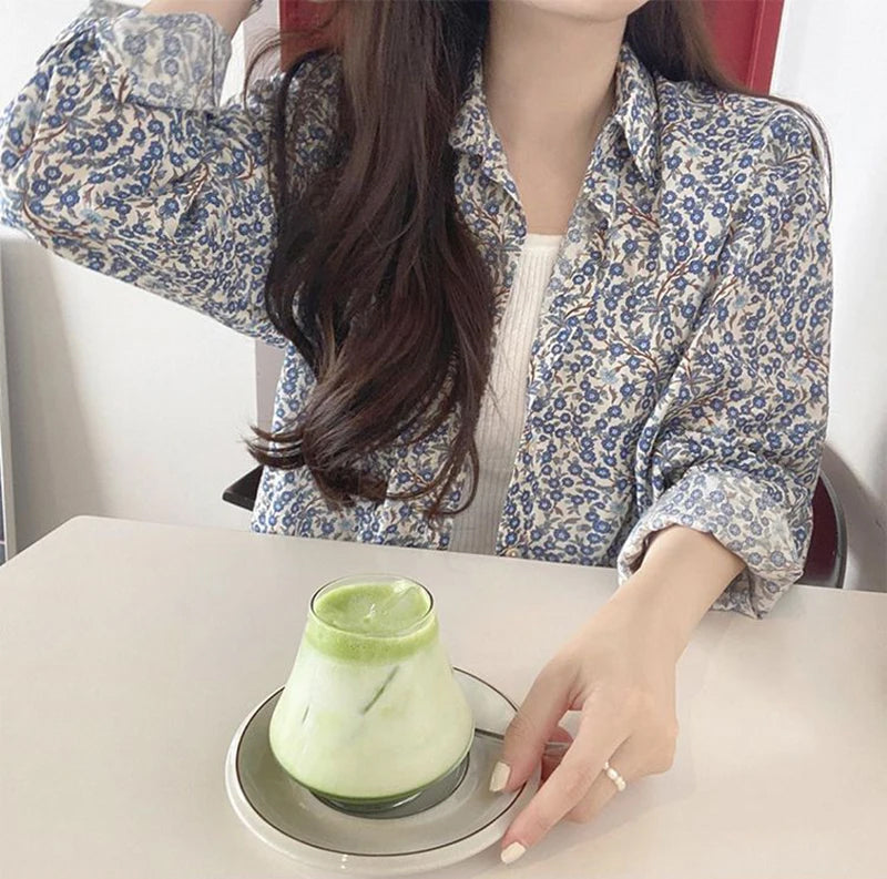 Long Sleeve Blue Floral Casual Blouse Shirt