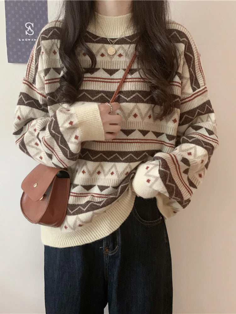 Langärmliger, warmer Retro-Strickpullover 