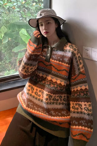 Long Sleeve Classic Art Pattern Collar Sweater