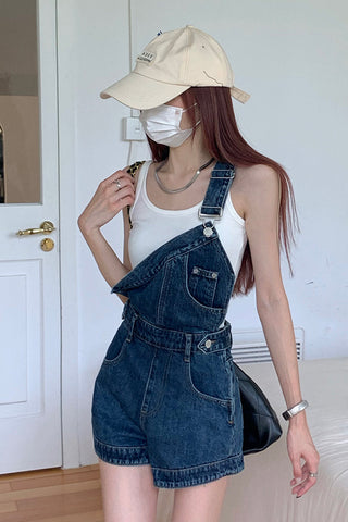 One Shoulder Asymmetrical Mini Denim Jumpsuit
