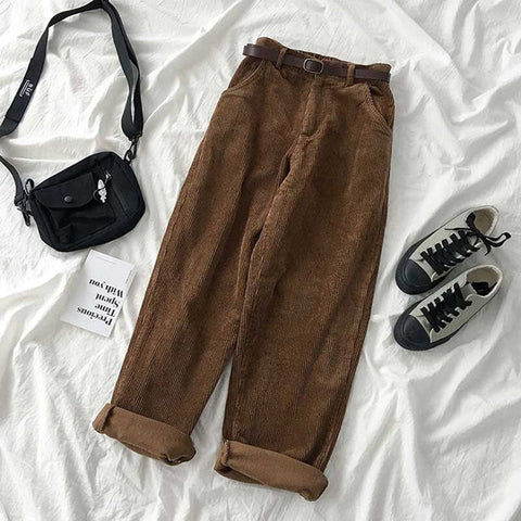 High Waist Wide Leg Corduroy Long Pants with Belt