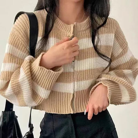 Long Sleeve Casual Zipper Striped Cropped Sweater