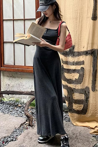 Square Collar Buttons Sleeveless Off Shoulder Long Dress