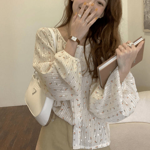 Loose Retro Florals Lantern Sleeve Blouse Shirt