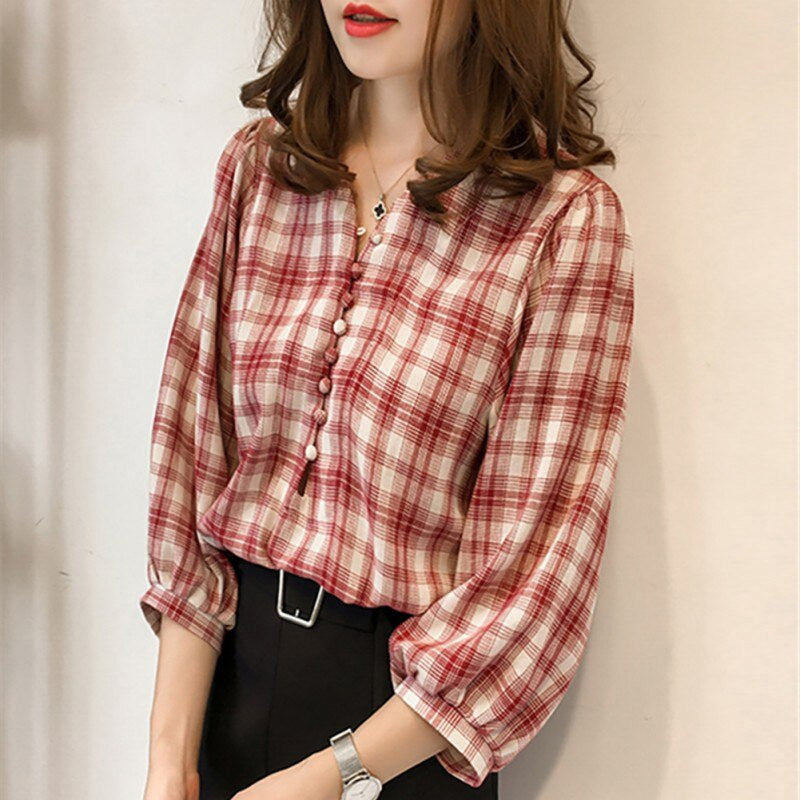 Three Quarter Sleeve Plaid Blouse Shirt