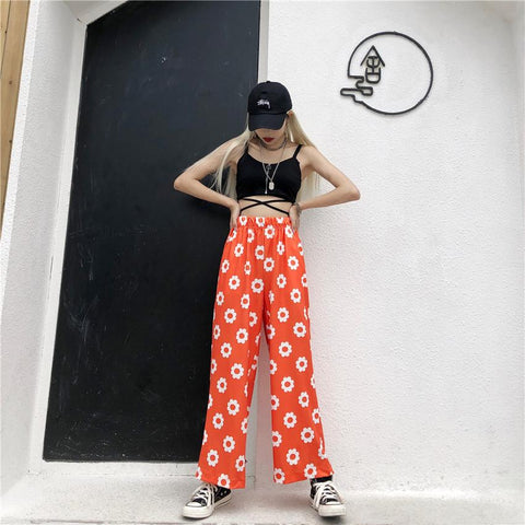 Pantalones sueltos con estampado floral de margaritas kawaii