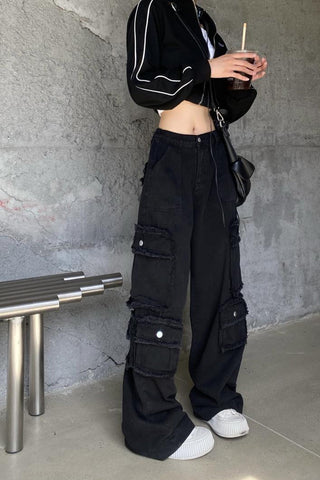 High Waist Cargo Pocket Loose Black Denim Pants