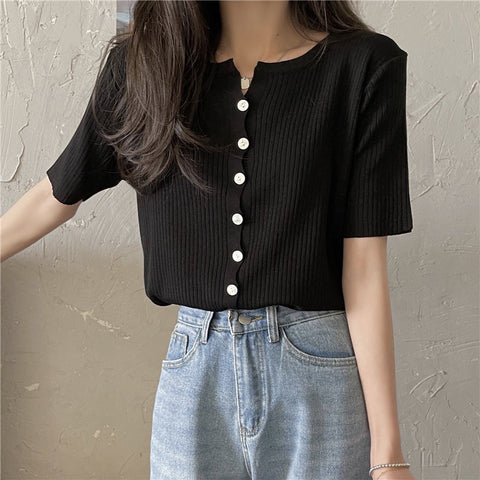 Short Sleeve Candy Colors Button Knitted Shirt