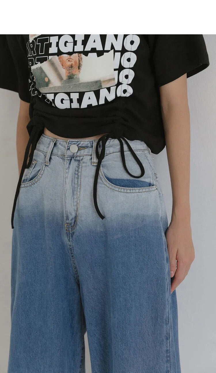 High Waist Vintage Gradient Loose Wide Leg Long Jeans