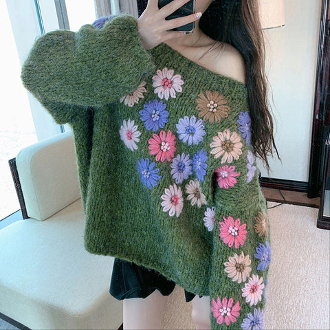 Sexy trägerloser Strickpullover mit Blumenstickerei