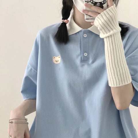 Short Sleeve Bear Embroidery Collar Shirts