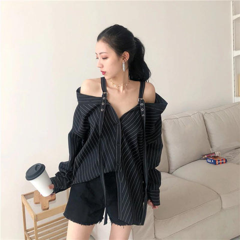 Black Strap Vertical Stripe Off Shoulder Long Sleeve Shirt