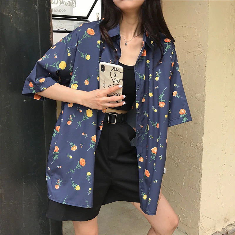 Flowers Pattern Short Sleeve Blouse Shirt