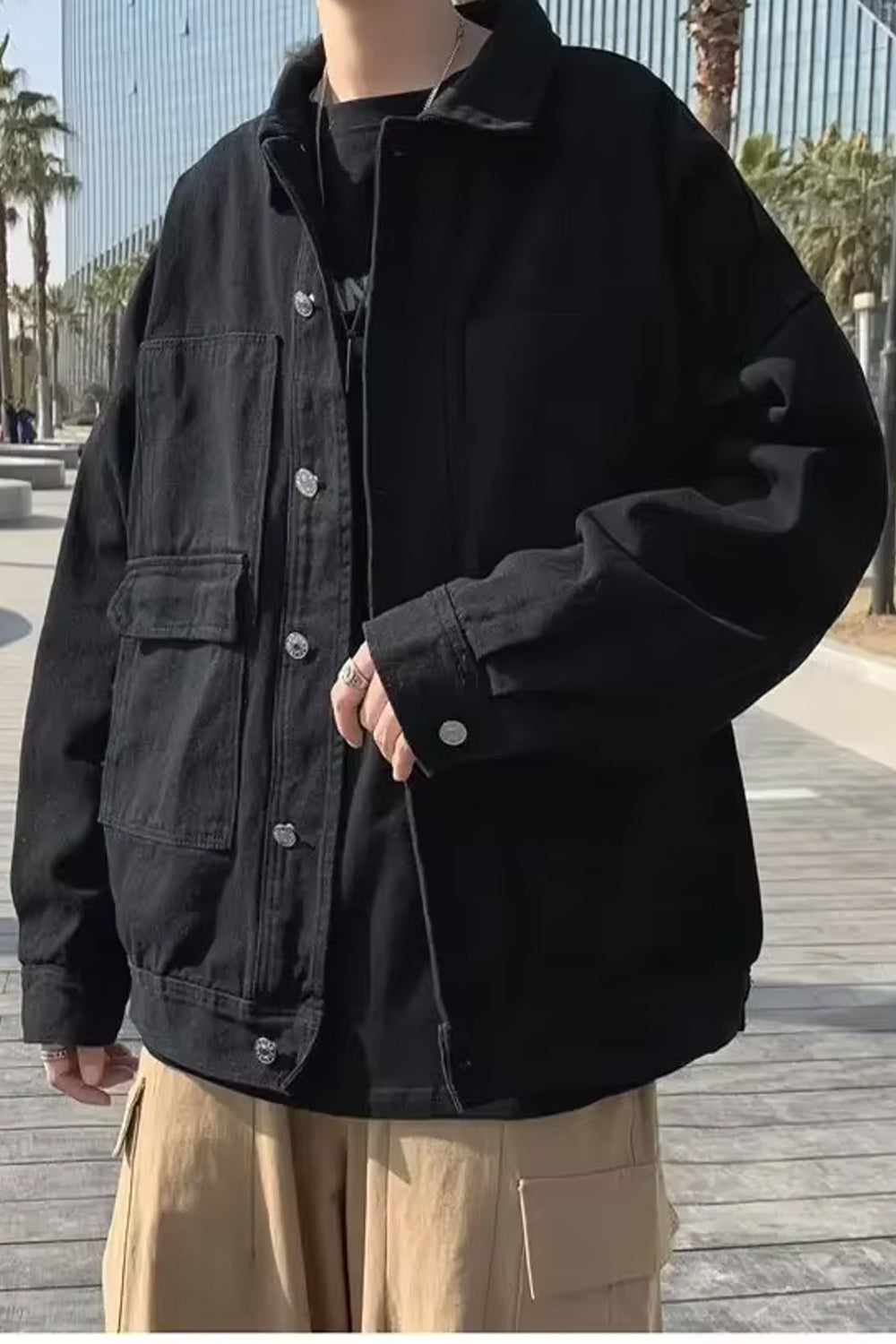 Long Sleeve Double Pockets Men Denim Jacket