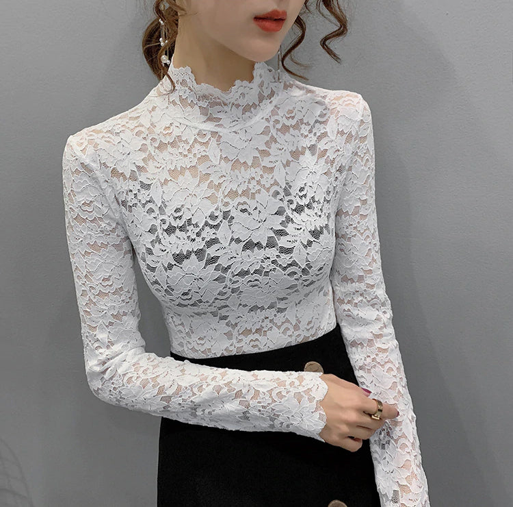 Turtleneck Stretchy Hollow Out Lace Tops