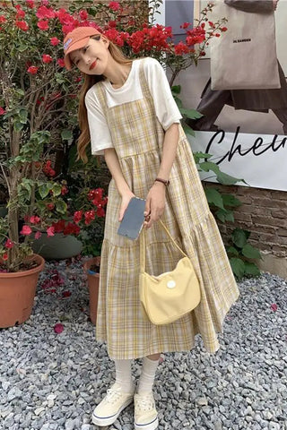 Square Collar Lovely Plaid Long Dress