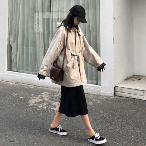 Plaid Adjustable Hooded Trench Jacket