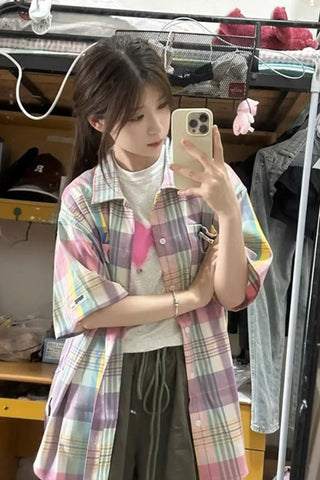 Short Sleeve Pastel Colors Plaid Shirt