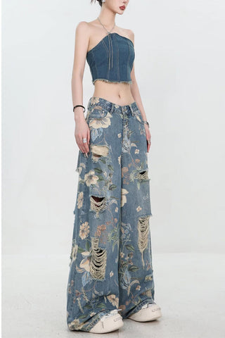 High Waist Floral Pattern Long Ripped Jeans Pants