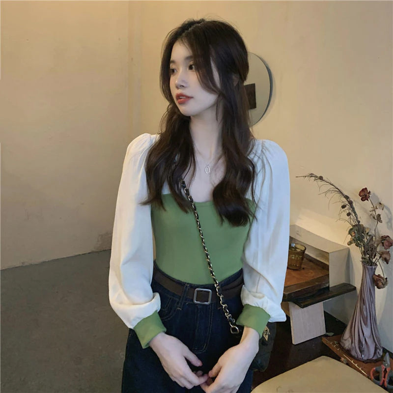 Color Stitching Skinny Chiffon Long Sleeve Shirt
