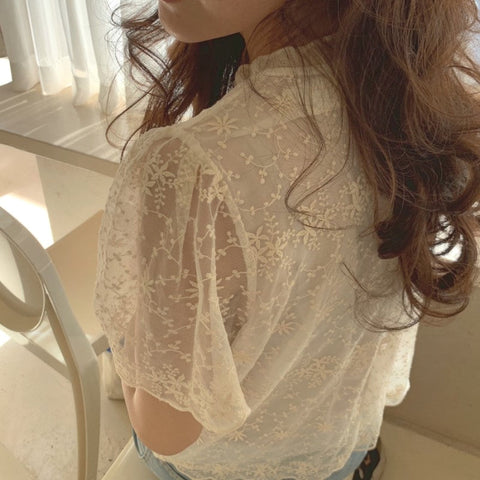 Stand Collar Short Sleeve Lace Floral Shirt