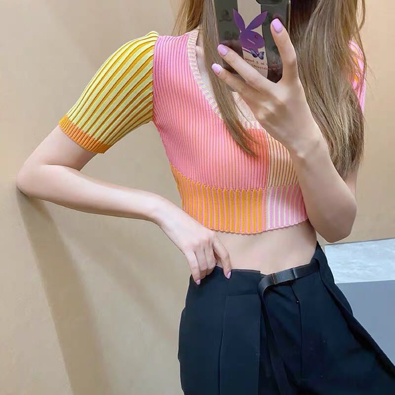 Knitted Patchwork Slim Cropped Shirt