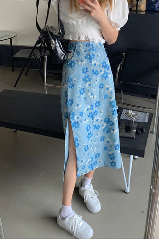 High Waist Blue Floral Split Jeans Skirt