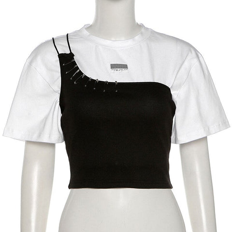 2 Piece O-Neck Shirt With Pin Crop Top