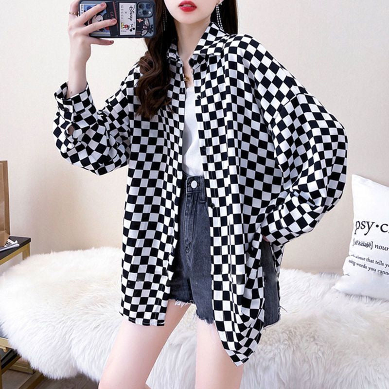 Long Sleeve Casual Chess Plaid Blouse Shirt