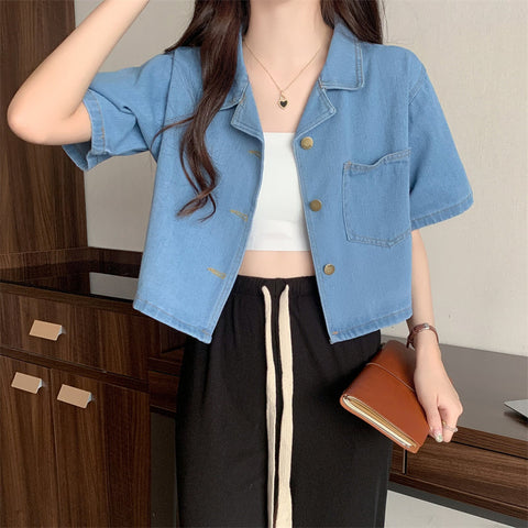 Short Sleeve Turn Down Collar Denim Shirt