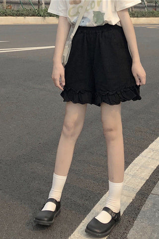 High Waist Elastic Ruffles Wide Leg Shorts