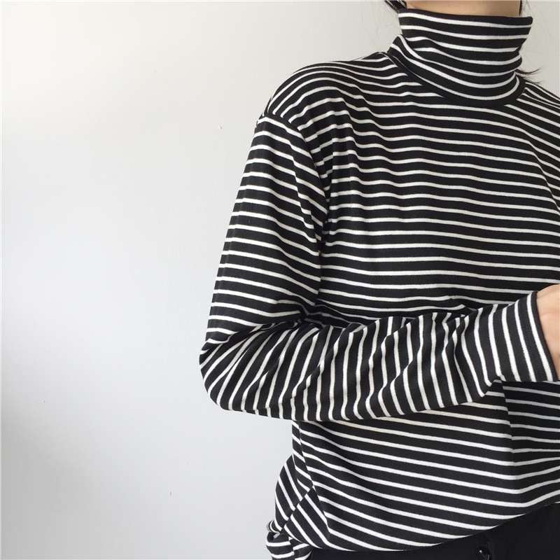 Black Striped Turtleneck Long Sleeve Shirt