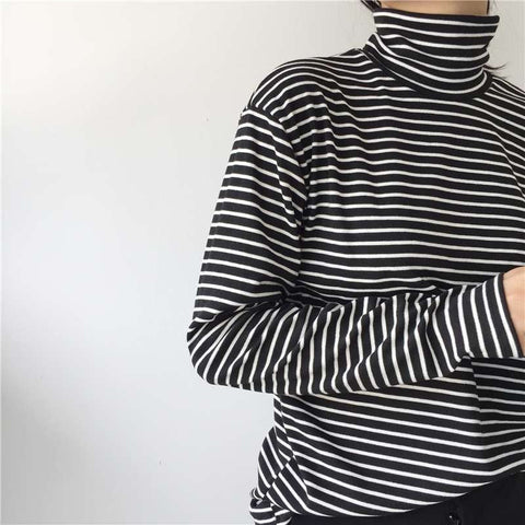 Black Striped Turtleneck Long Sleeve Shirt