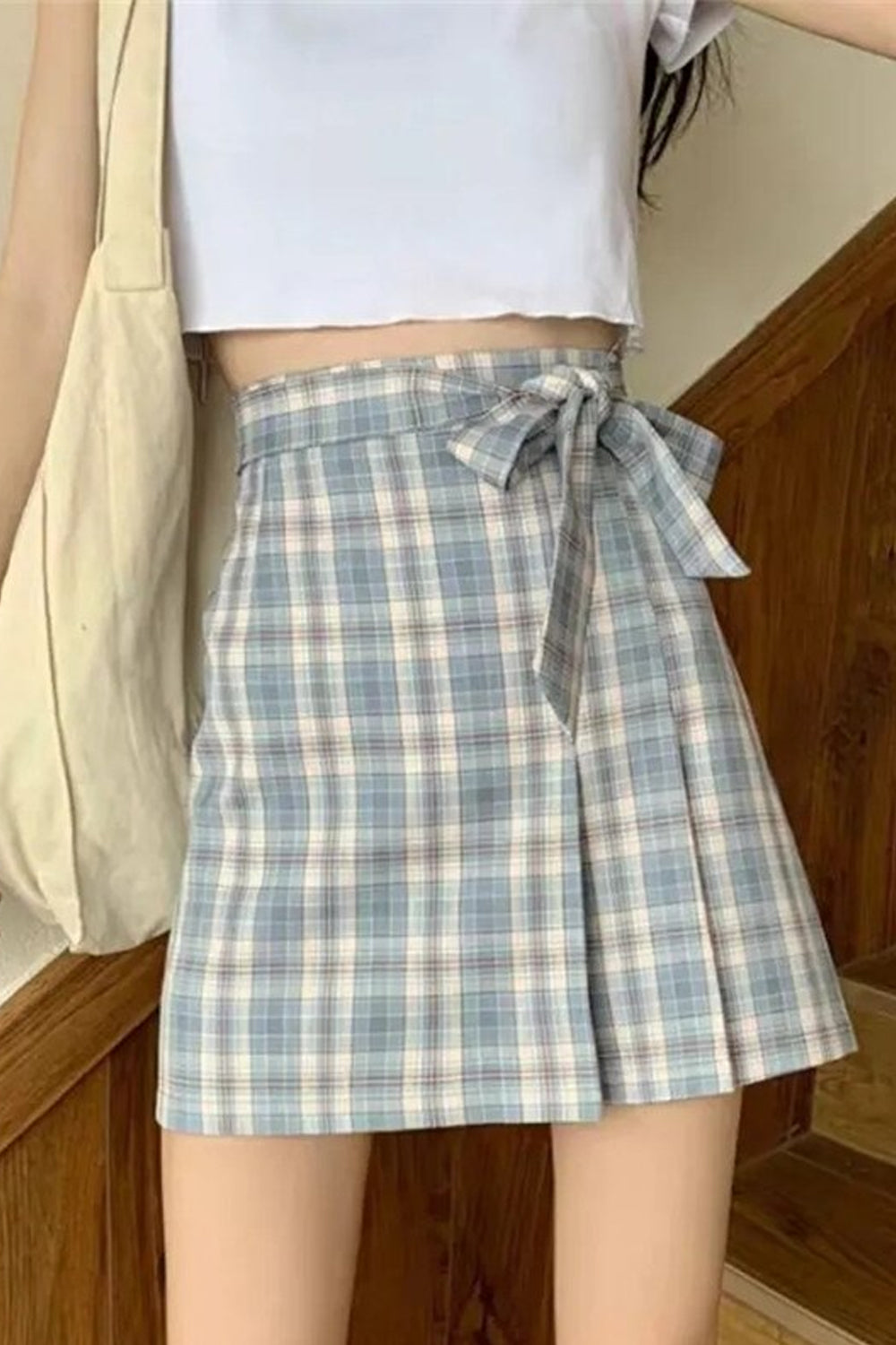 High Waist Bow Knot Plaid Pleated Skirt