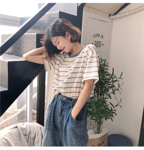 Blue Collar Inserted Color Stripes Loose Shirt