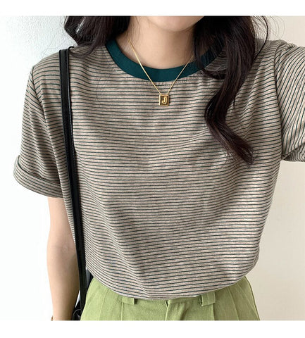 Black Collar Inserted Color Stripes Loose Shirt