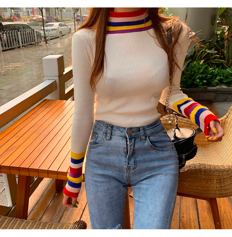 Rainbow Patchwork Turtleneck Knitted Slim Sweater