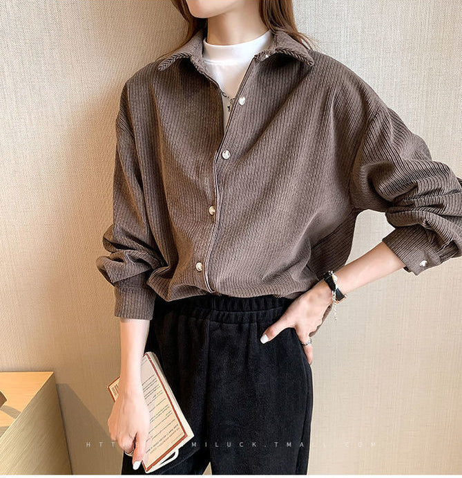 Single Breasted Solid Button Corduroy Shirt